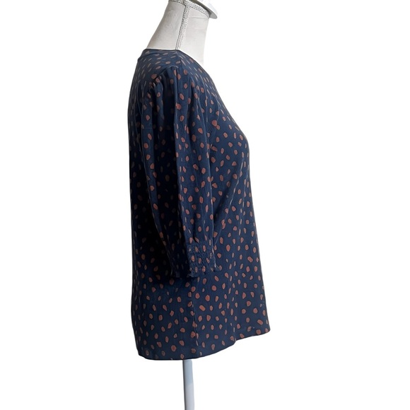 LUCKY BRAND Navy w/ Orange Polkadots Knit Blouse w/ Puff Sleeves Women’s Size L - Picture 6 of 11